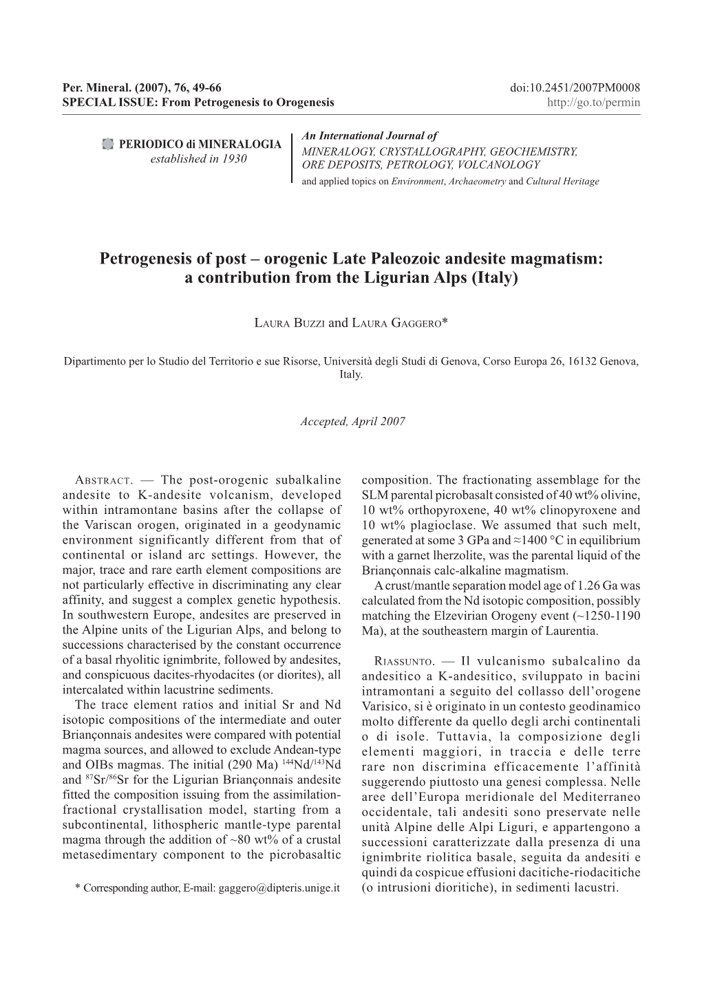 Orogenic Late Paleozoic Andesite Magmatism: a Contribution from the Ligurian Alps (Italy)