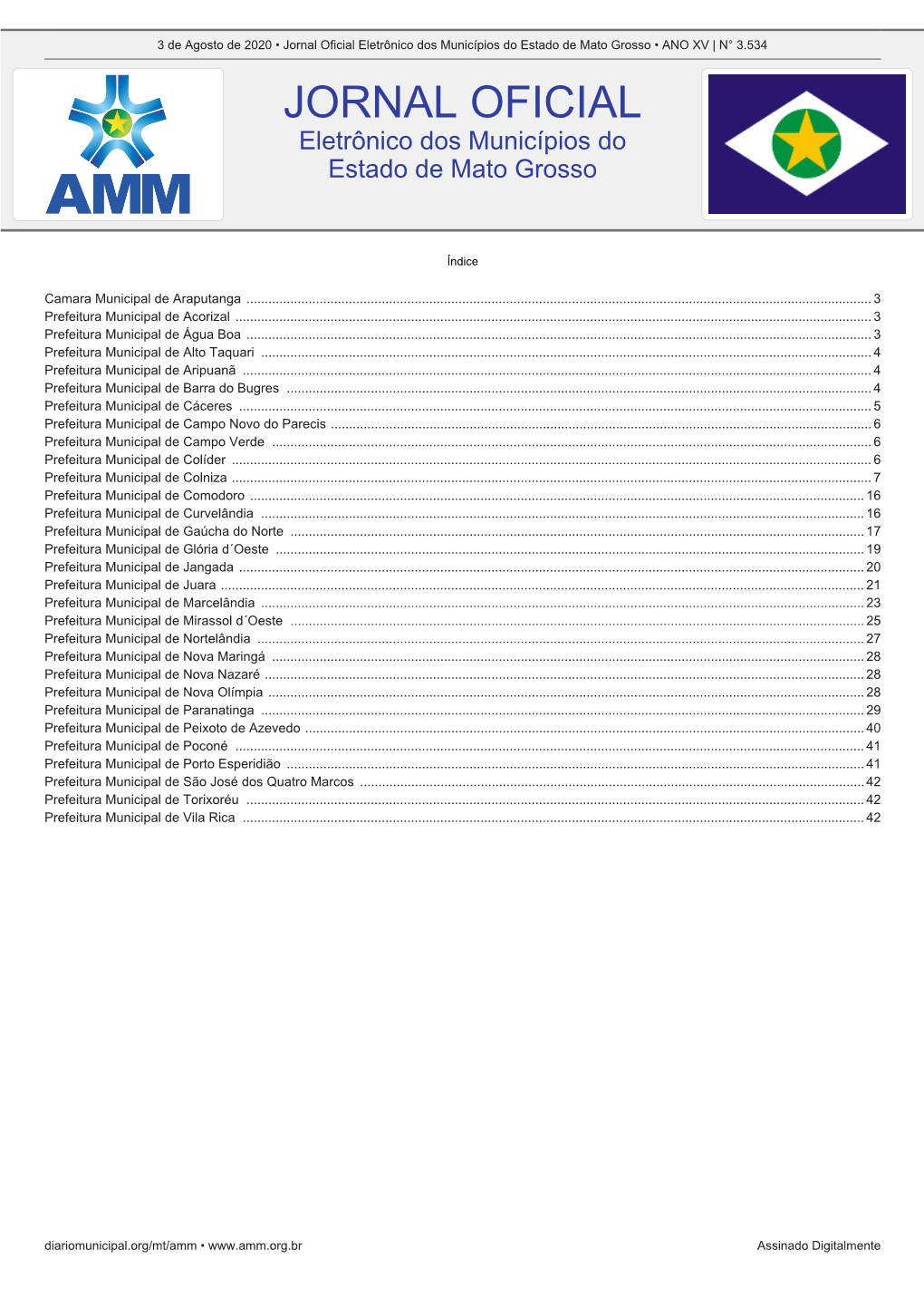 Jornal Oficial Eletrônico Dos Municípios Do Estado De Mato Grosso • ANO XV | N° 3.534 JORNAL OFICIAL Eletrônico Dos Municípios Do Estado De Mato Grosso
