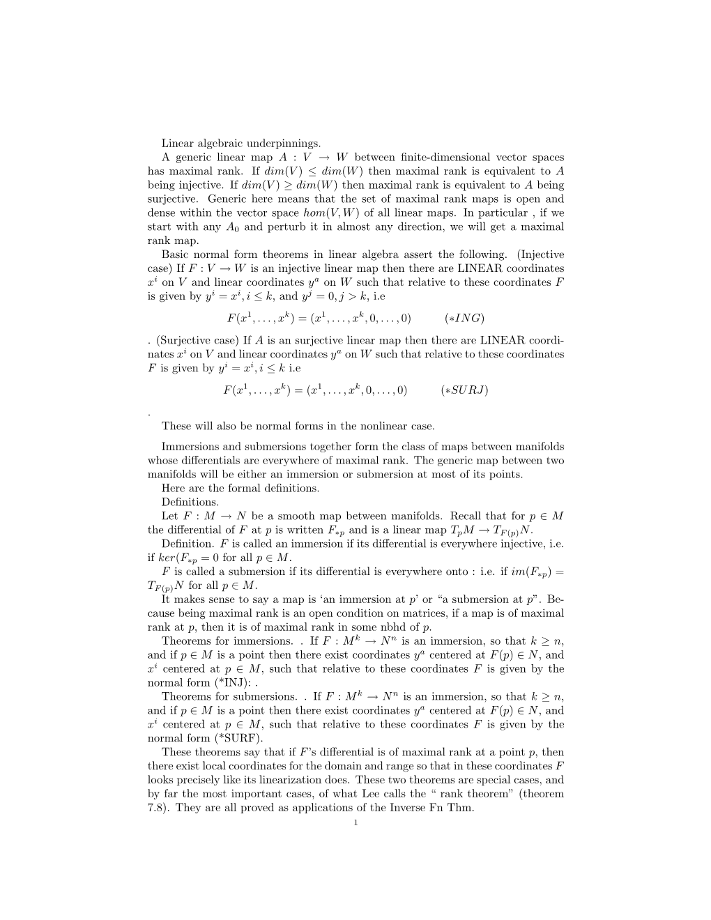 Linear Algebraic Underpinnings. a Generic Linear Map a : V → W Between ﬁnite-Dimensional Vector Spaces Has Maximal Rank