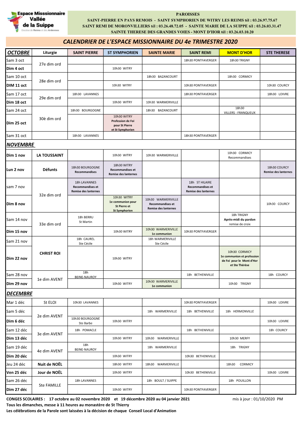 CALENDRIER DE L'espace MISSIONNAIRE DU 4E TRIMESTRE 2020