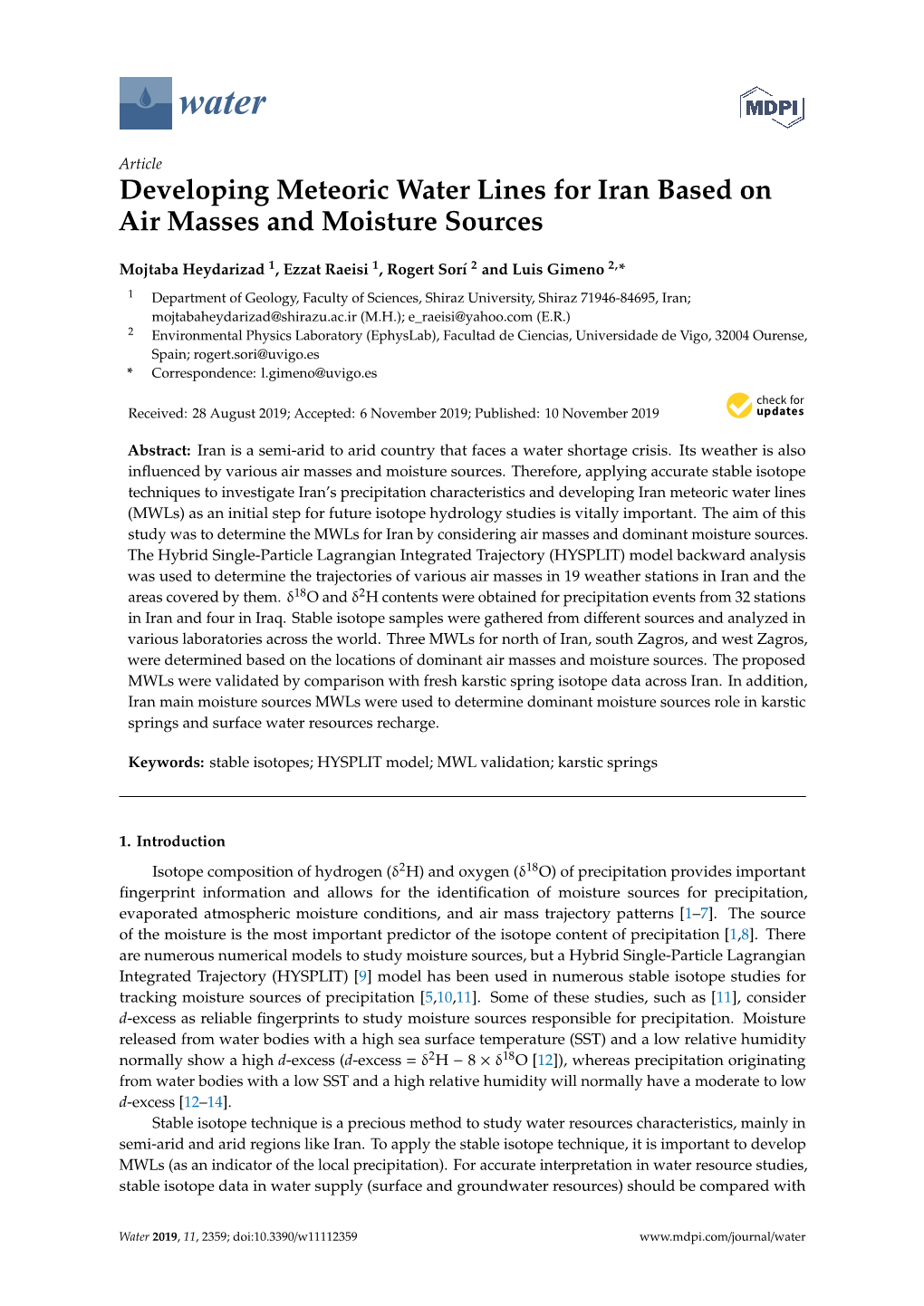 Developing Meteoric Water Lines for Iran Based on Air Masses and Moisture Sources