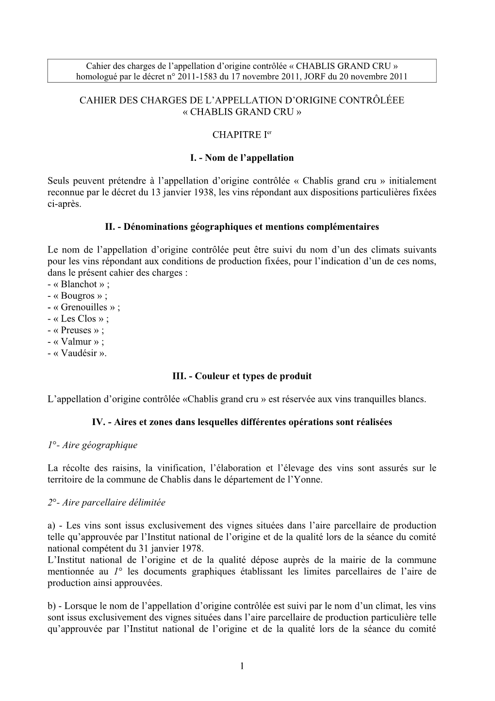 Cahier Des Charges De L'appellation D'origine Contrôlée « CHABLIS GRAND