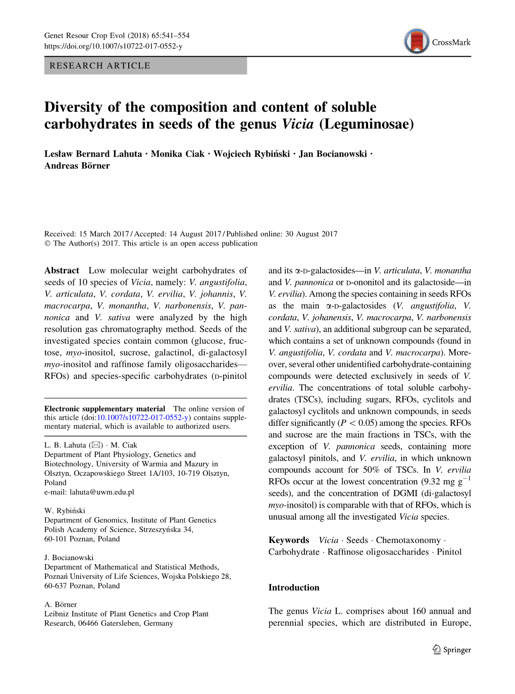 Diversity of the Composition and Content of Soluble Carbohydrates in Seeds of the Genus Vicia (Leguminosae)