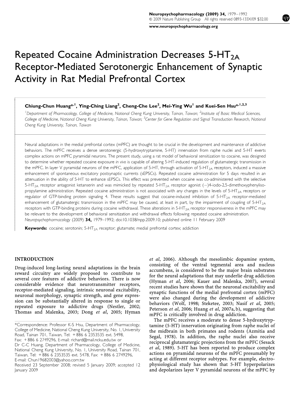 Repeated Cocaine Administration Decreases 5-HT2A Receptor-Mediated Serotonergic Enhancement of Synaptic Activity in Rat Medial Prefrontal Cortex