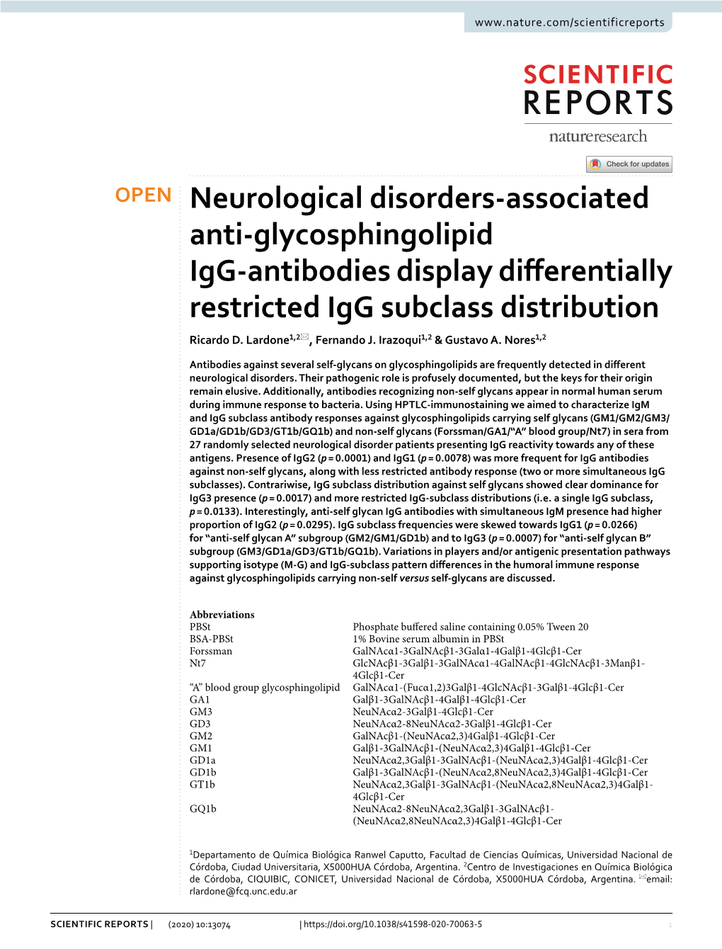 Neurological Disorders-Associated Anti-Glycosphingolipid Igg