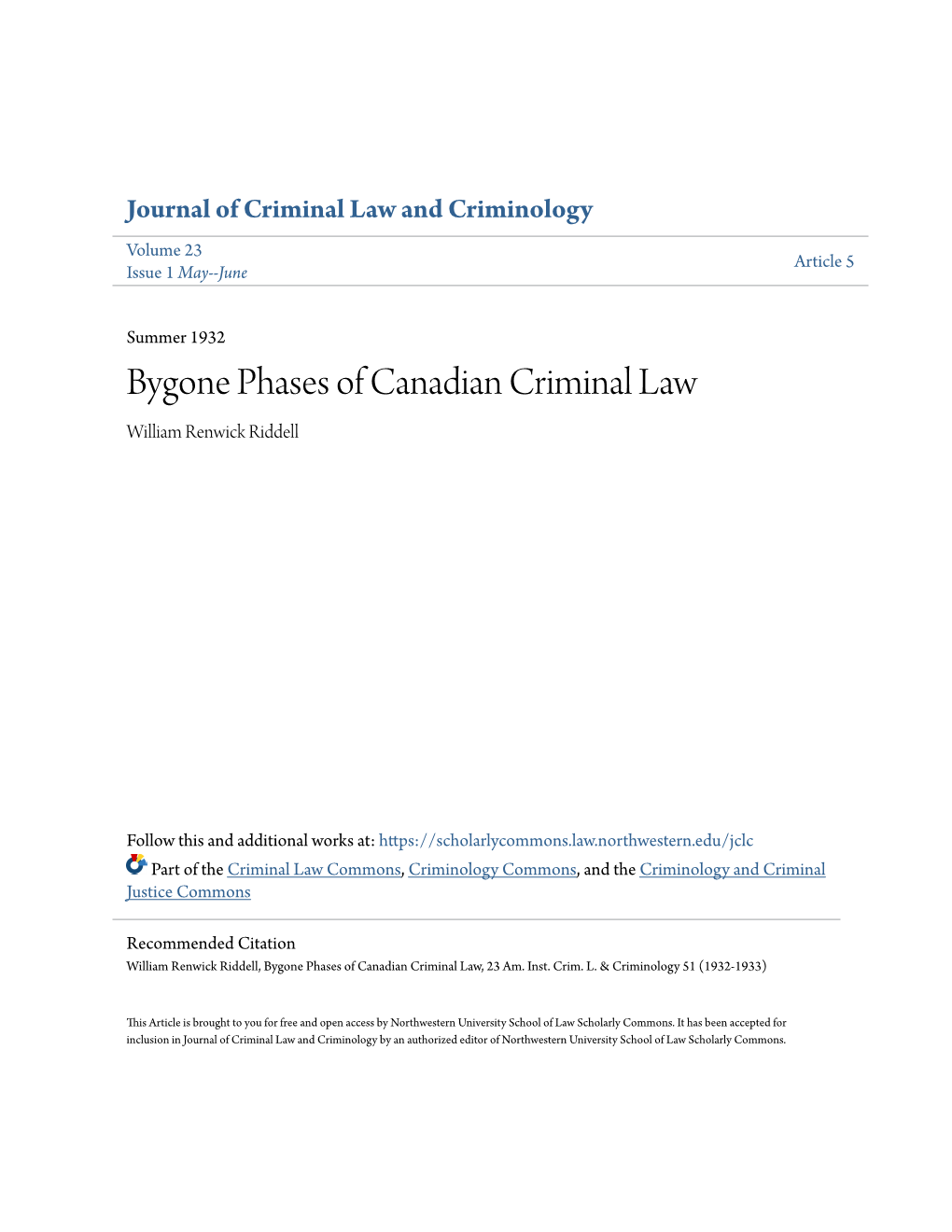 Bygone Phases of Canadian Criminal Law William Renwick Riddell