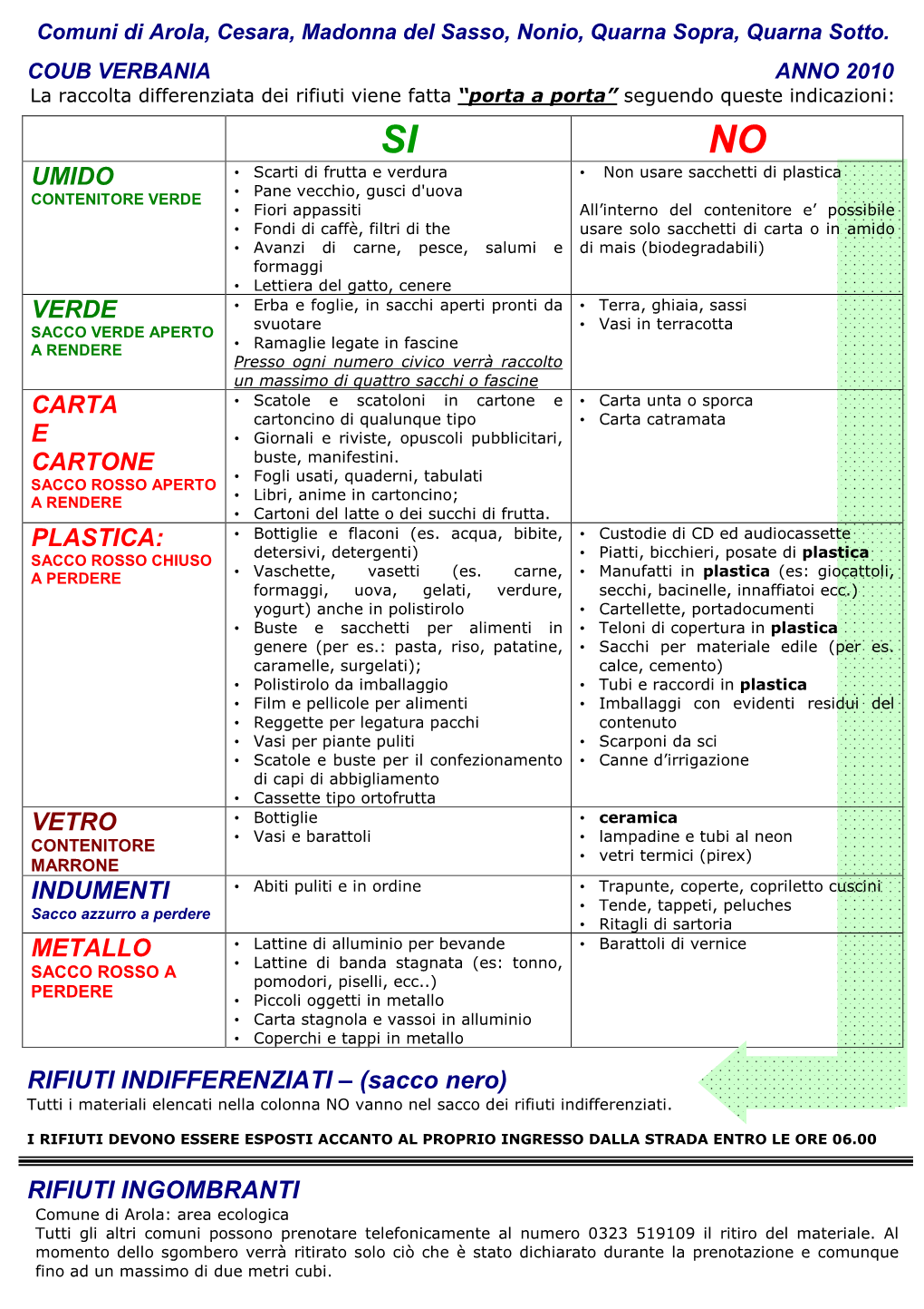RIFIUTI INGOMBRANTI Comune Di Arola: Area Ecologica Tutti Gli Altri Comuni Possono Prenotare Telefonicamente Al Numero 0323 519109 Il Ritiro Del Materiale