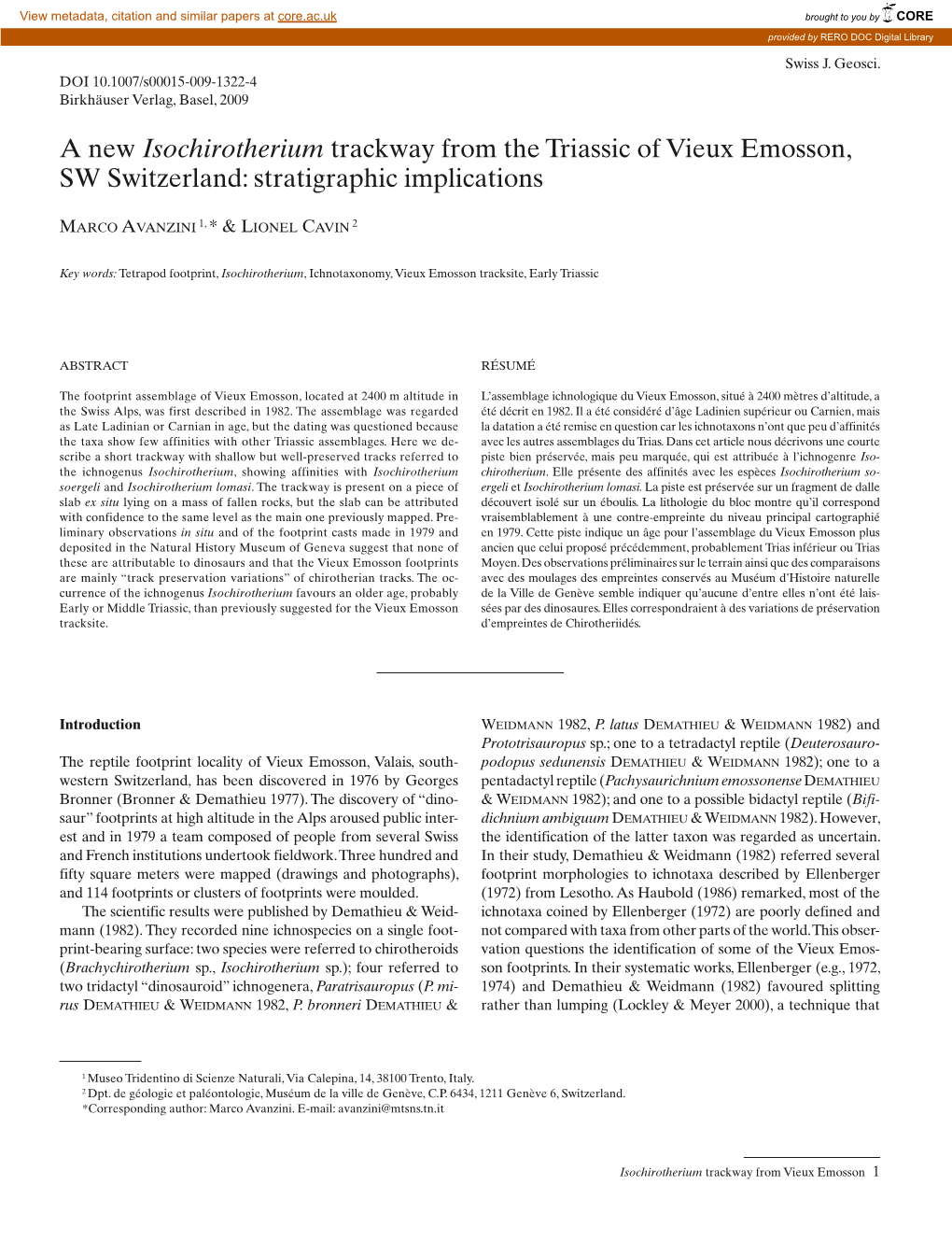 A New Isochirotherium Trackway from the Triassic of Vieux Emosson, SW Switzerland: Stratigraphic Implications