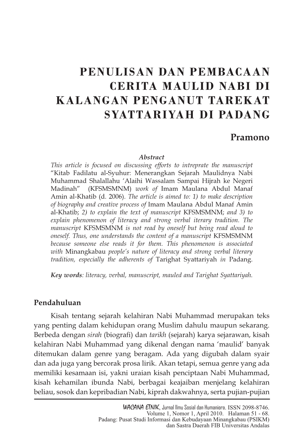 Penulisan Dan Pembacaan Cerita Maulid Nabi Di Kalangan Penganut Tarekat Syattariyah Di Padang