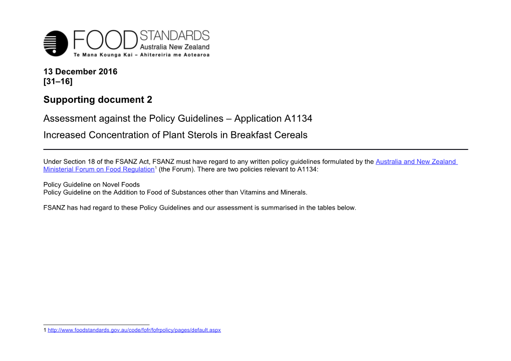 A1134 Plant Sterols in Breakfast Cereals SD2 Assess Against Policy G'lines