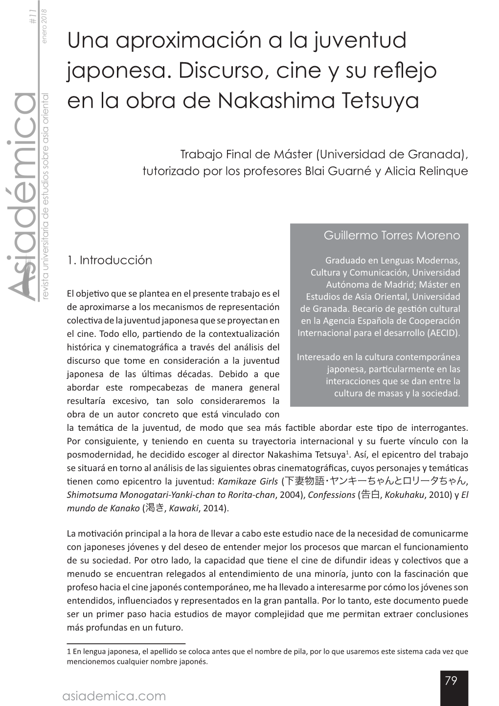 Una Aproximación a La Juventud Japonesa. Discurso, Cine Y Su Reflejo En La Obra De Nakashima Tetsuya