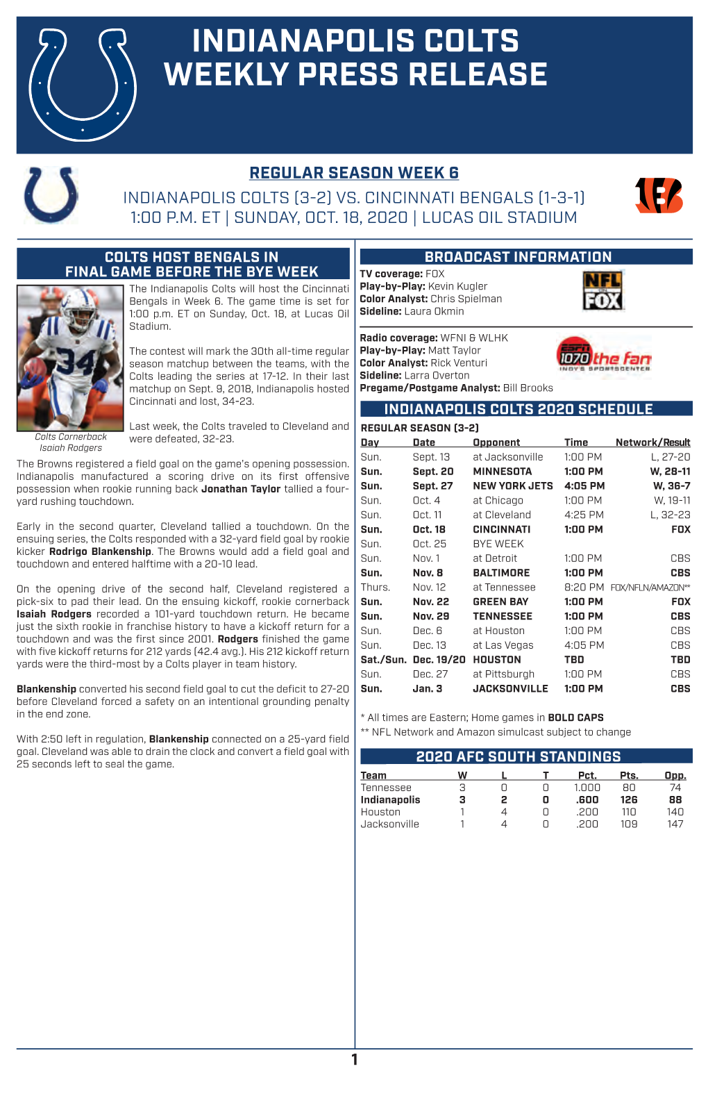 Indianapolis Colts Weekly Press Release