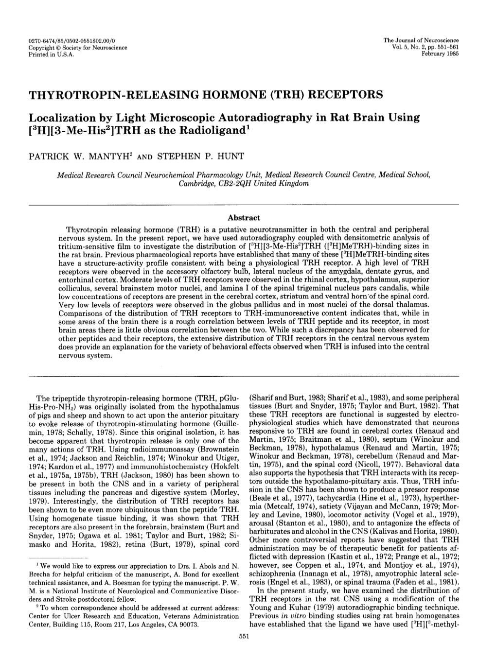 Thyrotropin-Releasing Hormone (Trh) Receptors