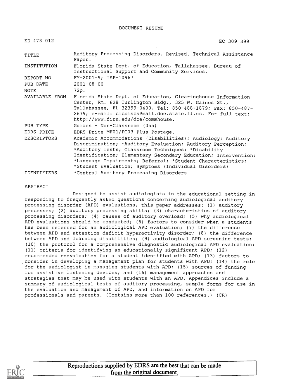 Auditory Processing Disorders. Revised. Technical Assistance Paper