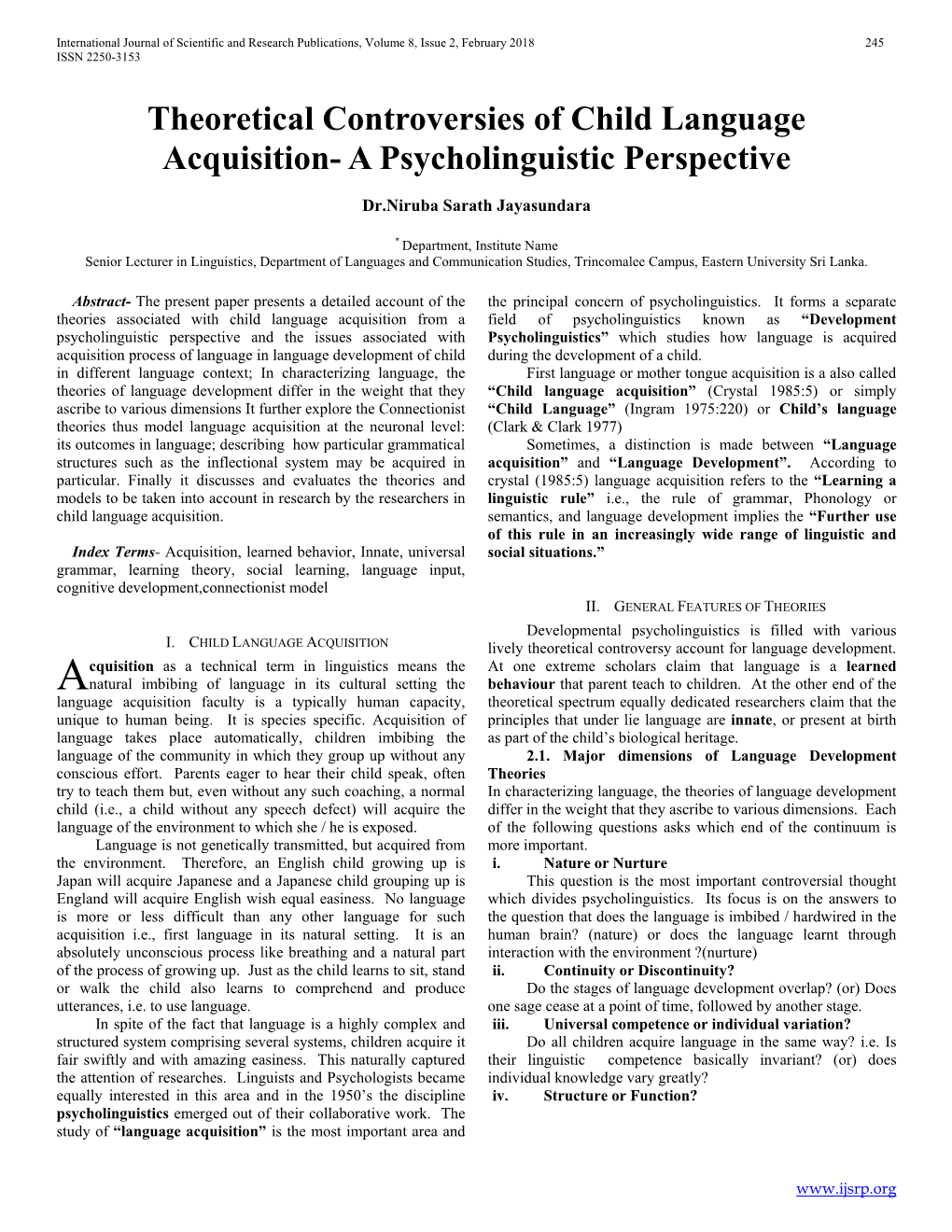 Theoretical Controversies of Child Language Acquisition- a Psycholinguistic Perspective