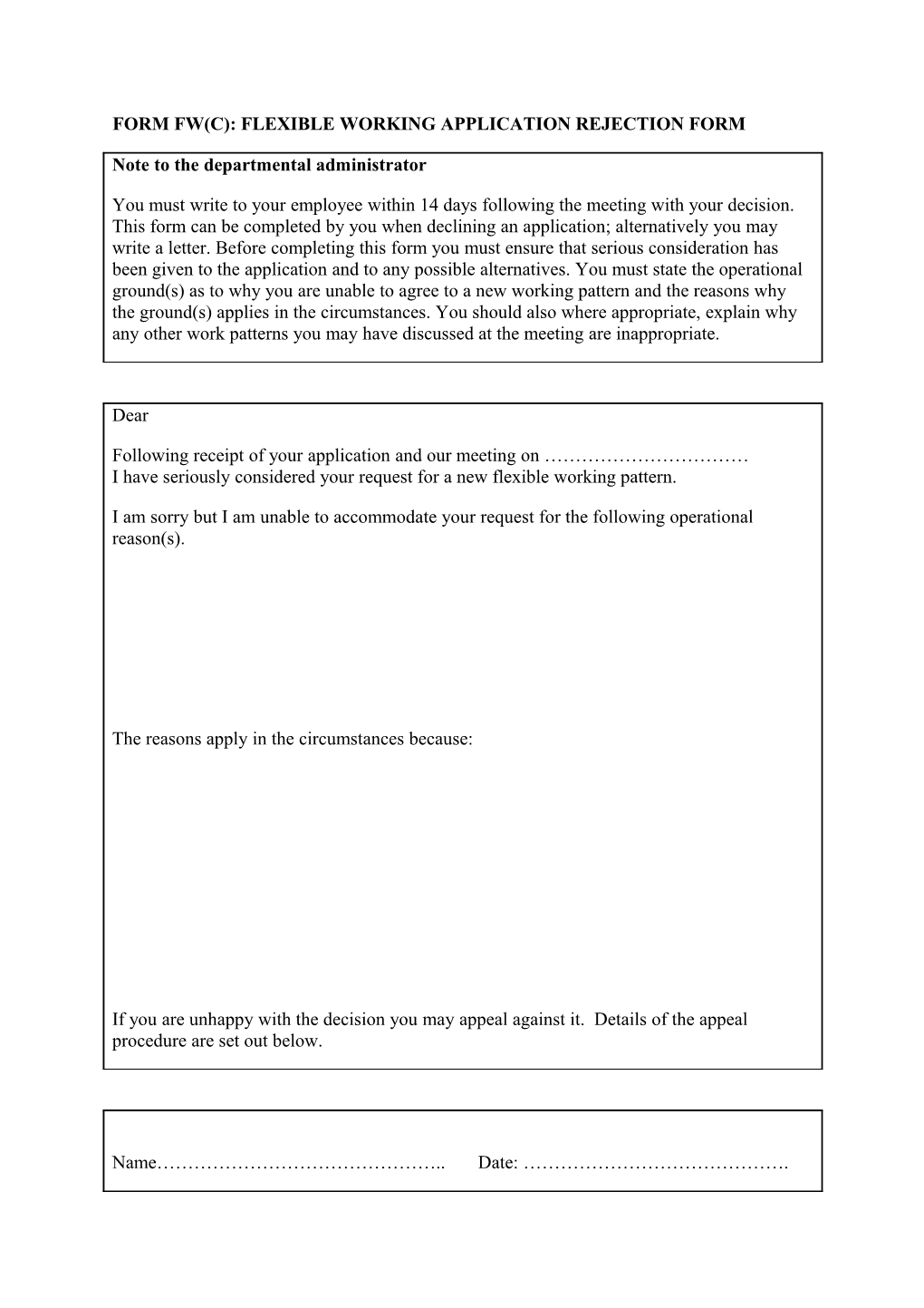 Form Fw(C): Flexible Working Application Rejection Form
