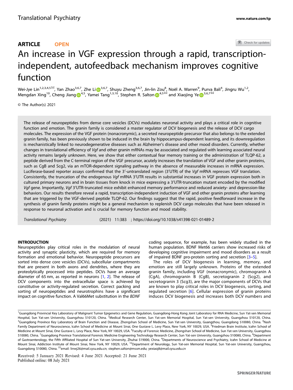 An Increase in VGF Expression Through a Rapid, Transcription- Independent, Autofeedback Mechanism Improves Cognitive Function