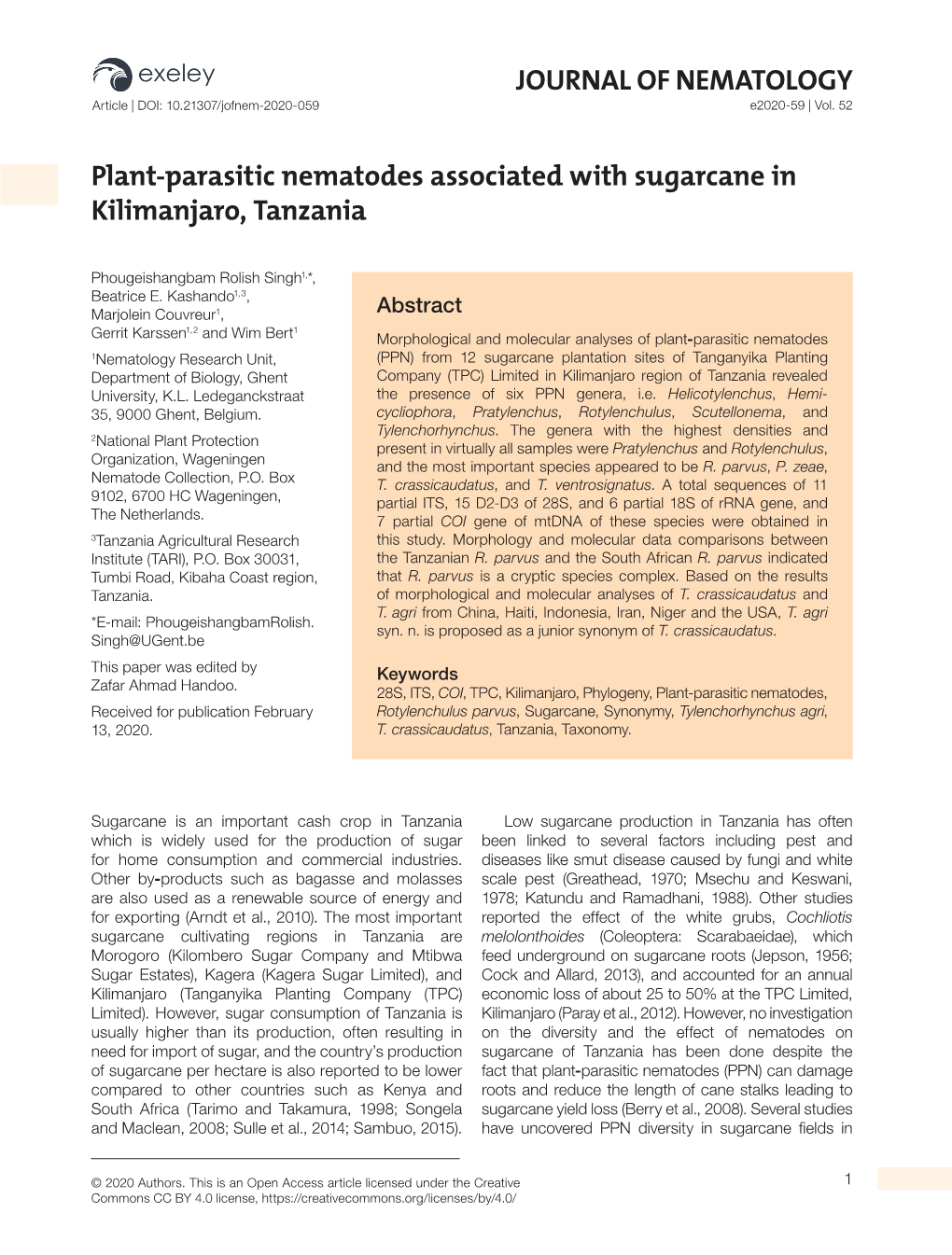 JOURNAL of NEMATOLOGY Plant-Parasitic Nematodes