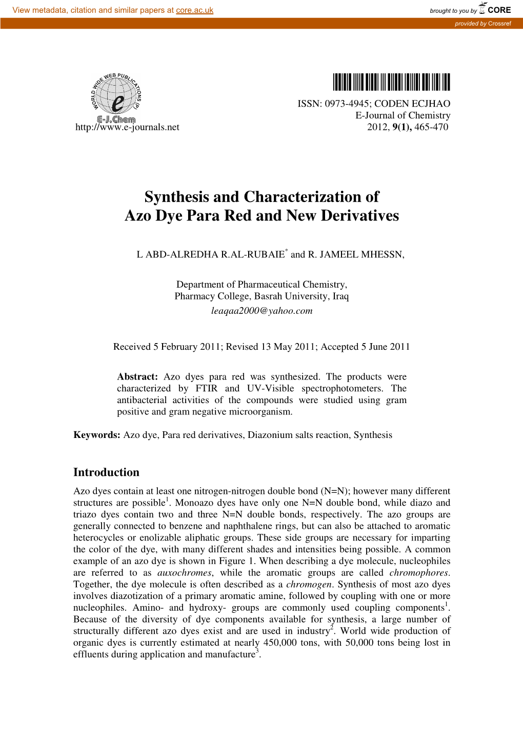 Synthesis and Characterization of Azo Dye Para Red and New Derivatives