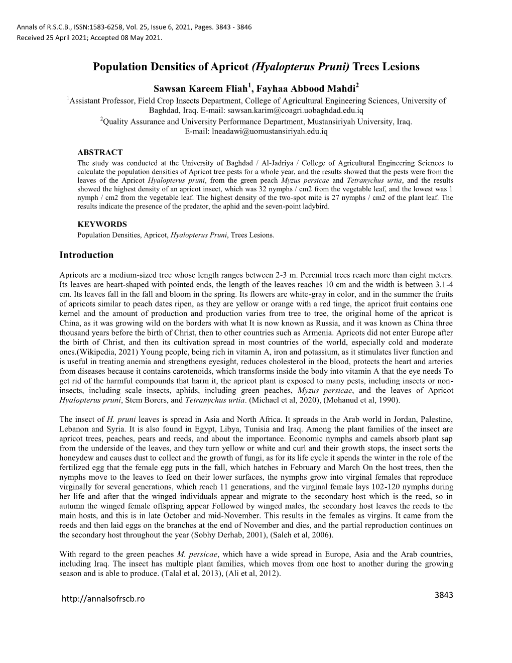 Population Densities of Apricot (Hyalopterus Pruni) Trees Lesions