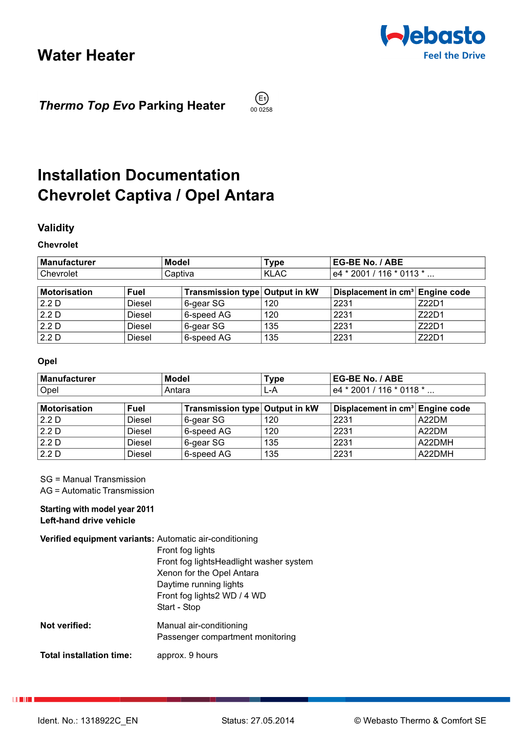 Water Heater Installation Documentation Chevrolet Captiva