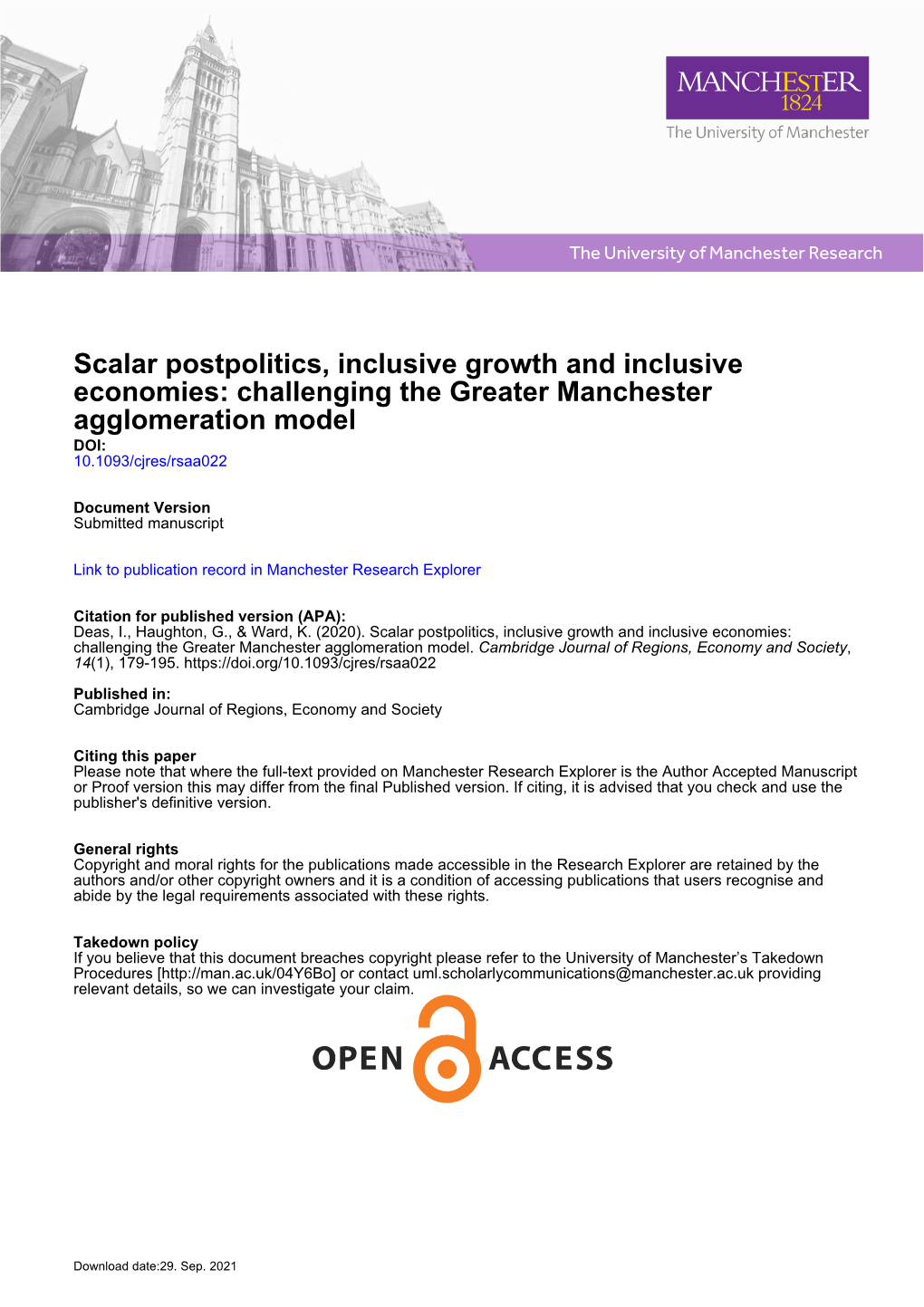 Scalar Postpolitics, Inclusive Growth and Inclusive Economies: Challenging the Greater Manchester Agglomeration Model DOI: 10.1093/Cjres/Rsaa022