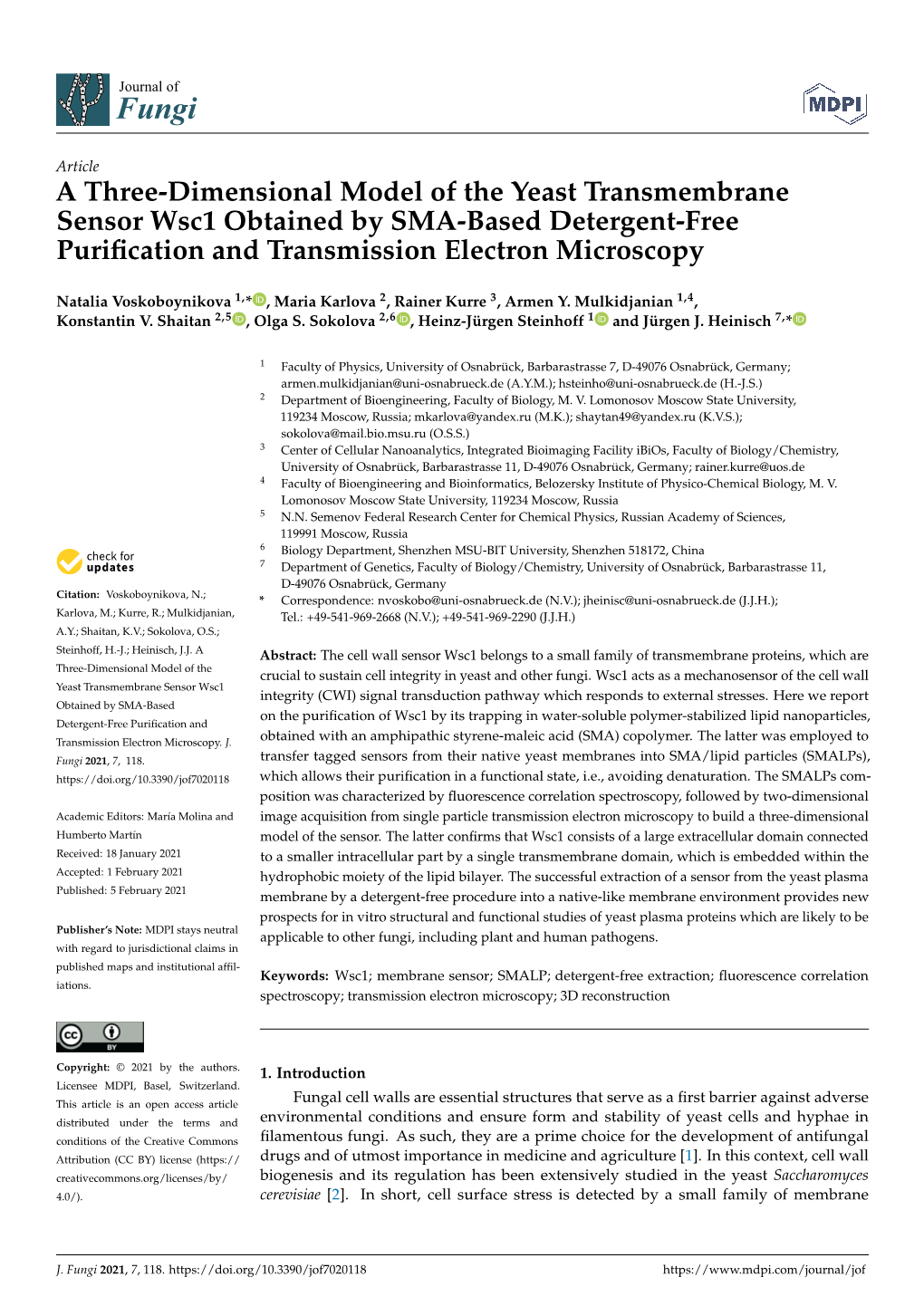 A Three-Dimensional Model of the Yeast Transmembrane Sensor Wsc1 Obtained by SMA-Based Detergent-Free Purification and Transmiss