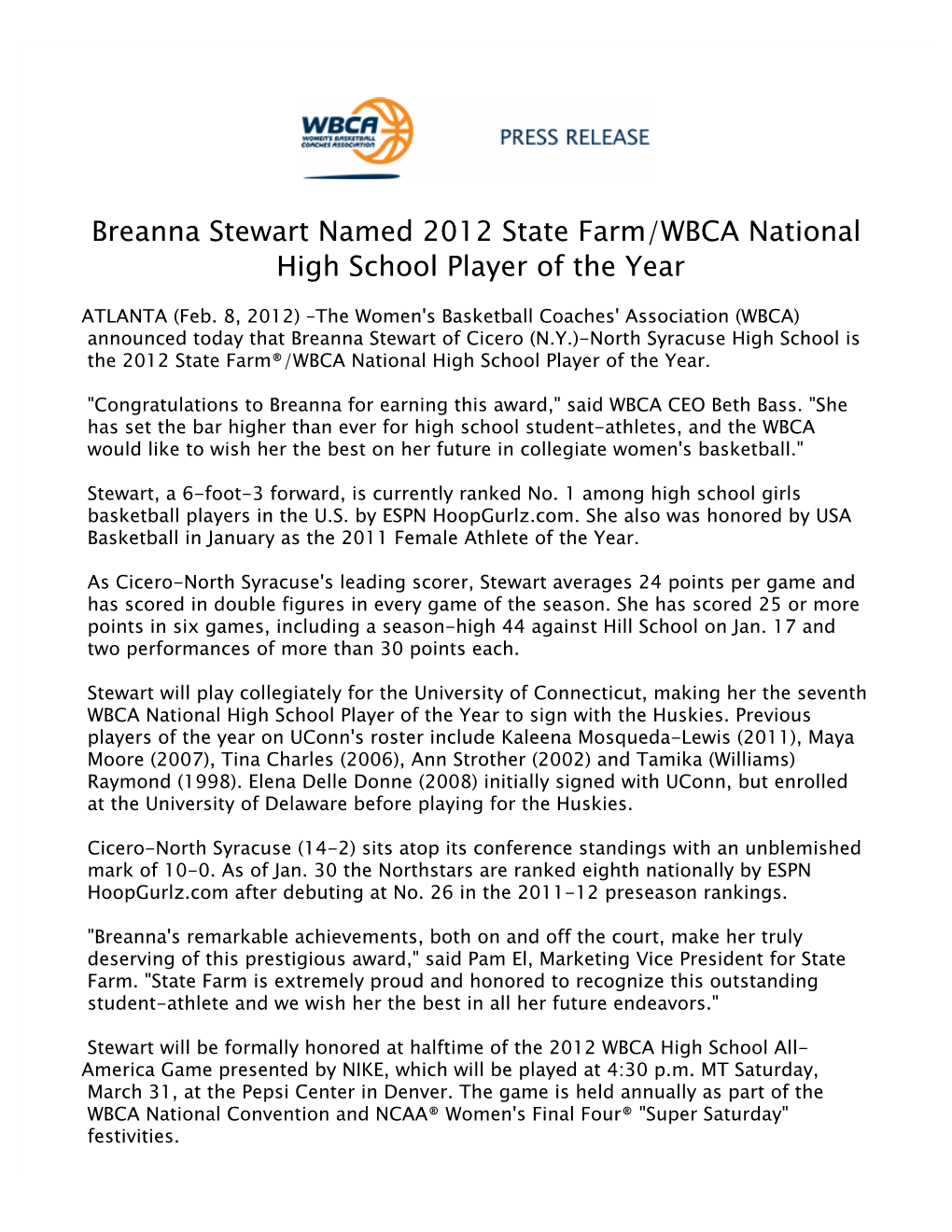 Breanna Stewart Named 2012 State Farm/WBCA National High School Player of the Year