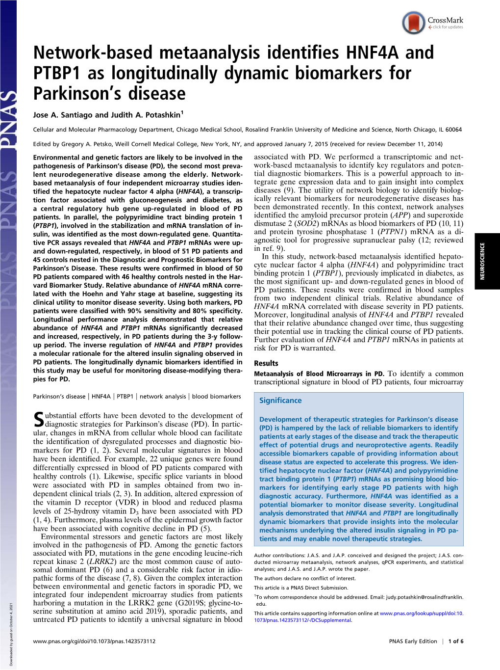 Network-Based Metaanalysis Identifies HNF4A and PTBP1 As Longitudinally Dynamic Biomarkers for Parkinson’S Disease