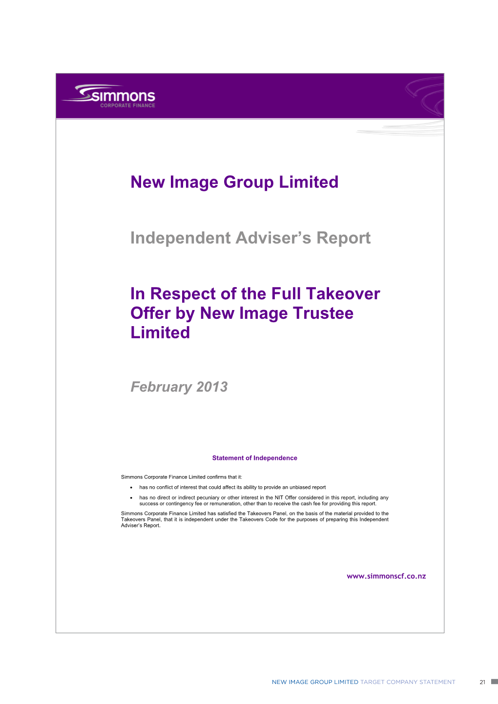 New Image Group Limited 2013 Independent Advisers Report