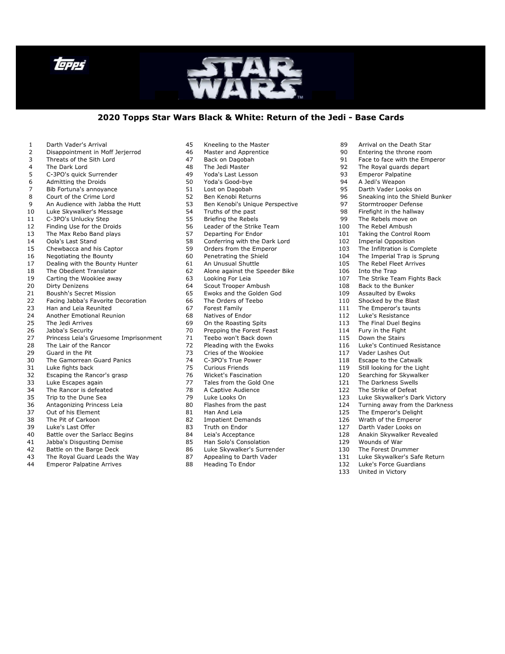 2020 Topps Star Wars Black & White: Return of the Jedi