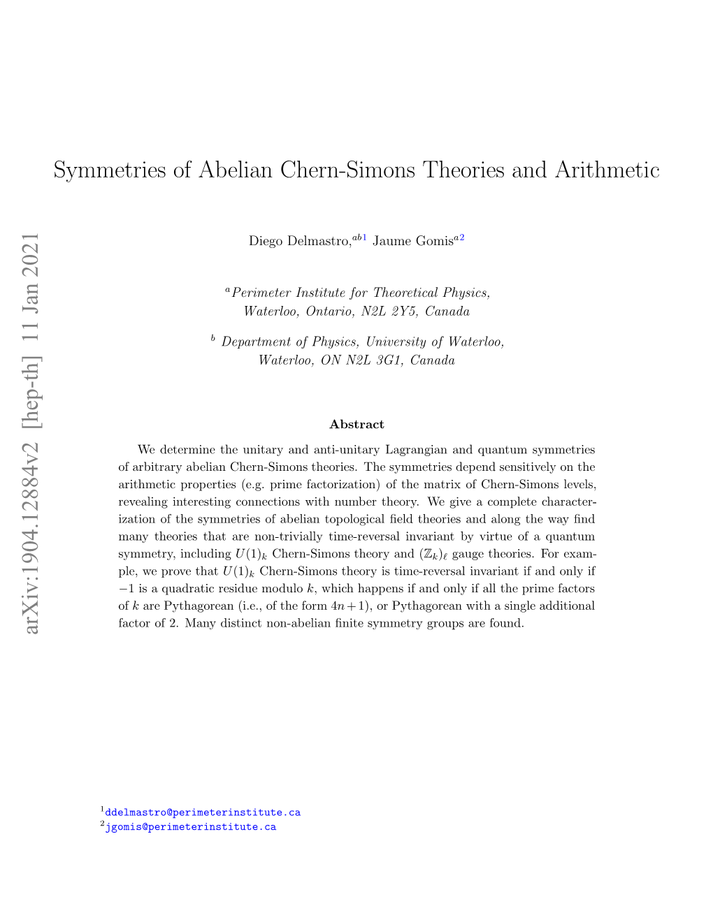 Symmetries of Abelian Chern-Simons Theories and Arithmetic