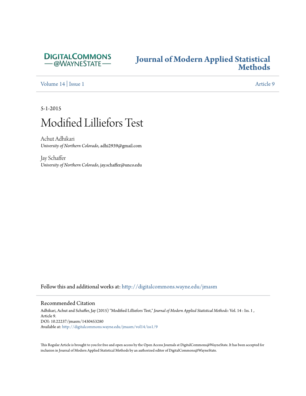 Modified Lilliefors Test Achut Adhikari University of Northern Colorado, Adhi2939@Gmail.Com