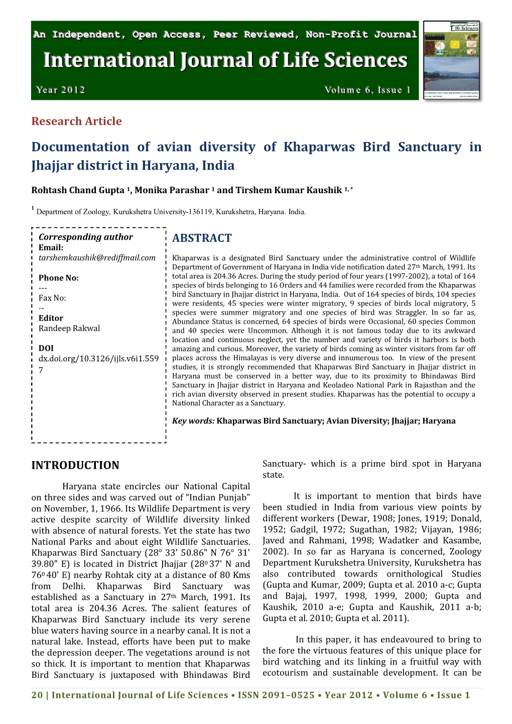 International Journal of Life Sciences • ISSN 2091–0525 • Year 2012 • Volume 6 • Issue 1