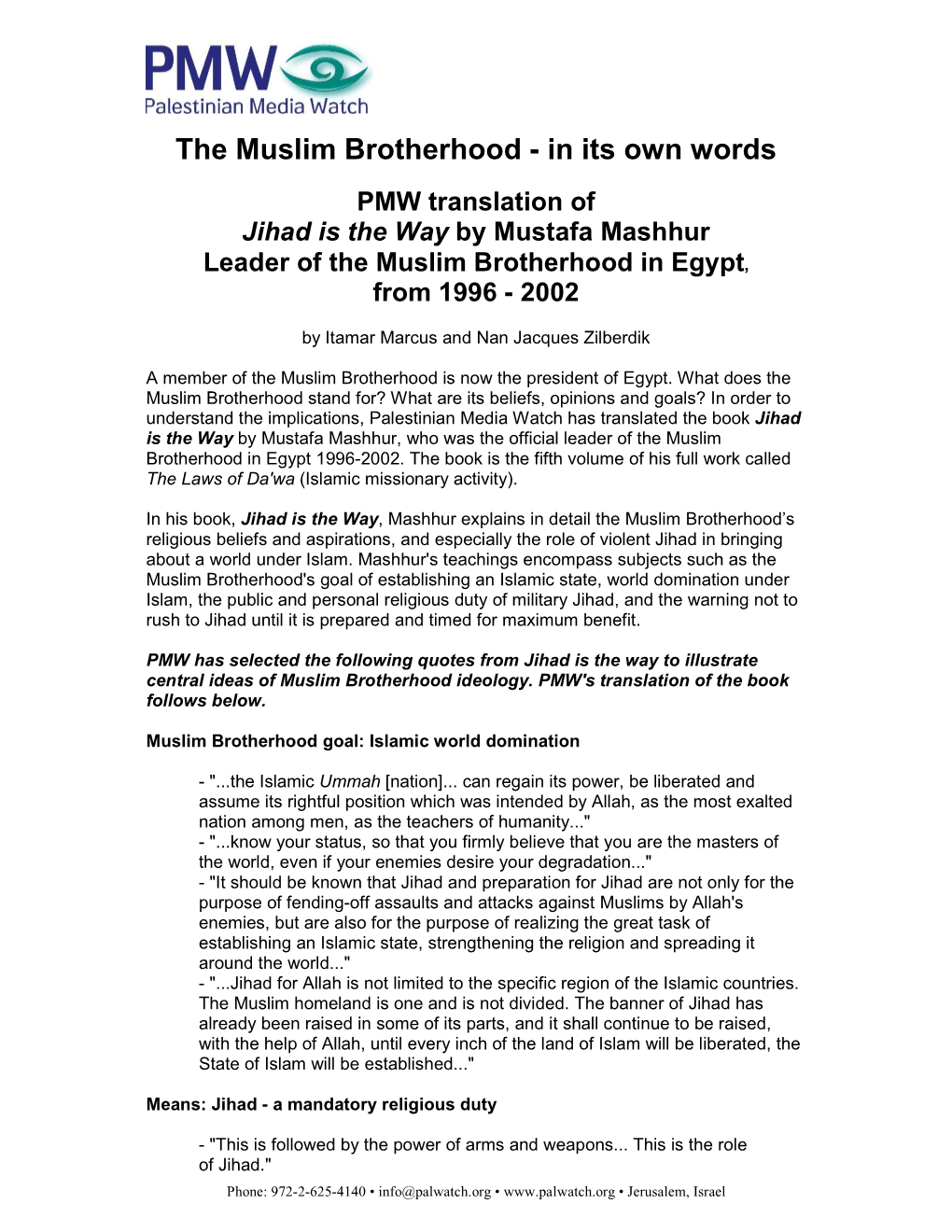 PMW Translation of Jihad Is the Way by Mustafa Mashhur Leader of the Muslim Brotherhood in Egypt, from 1996