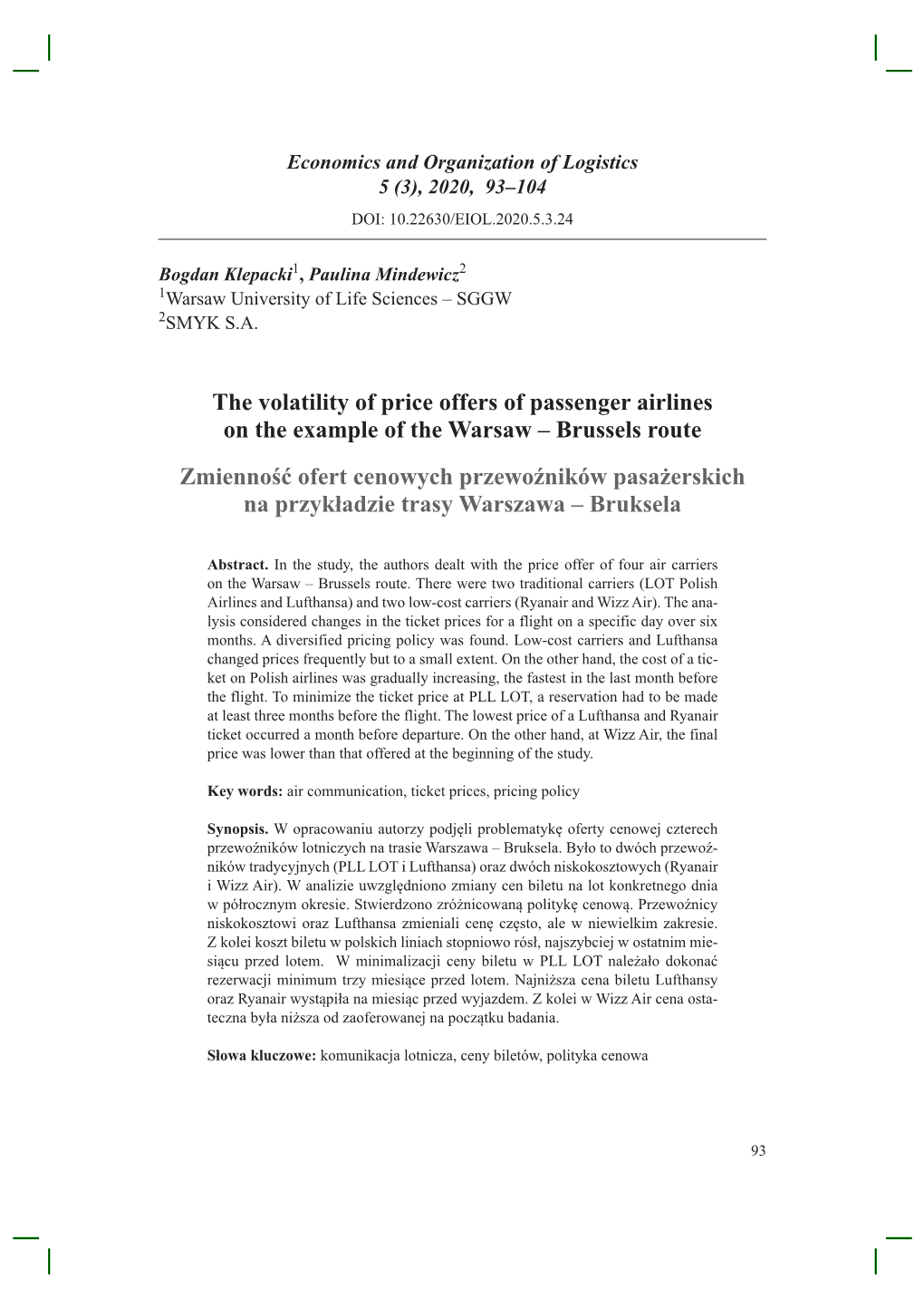 The Volatility of Price Offers of Passenger Airlines on the Example of the Warsaw – Brussels Route