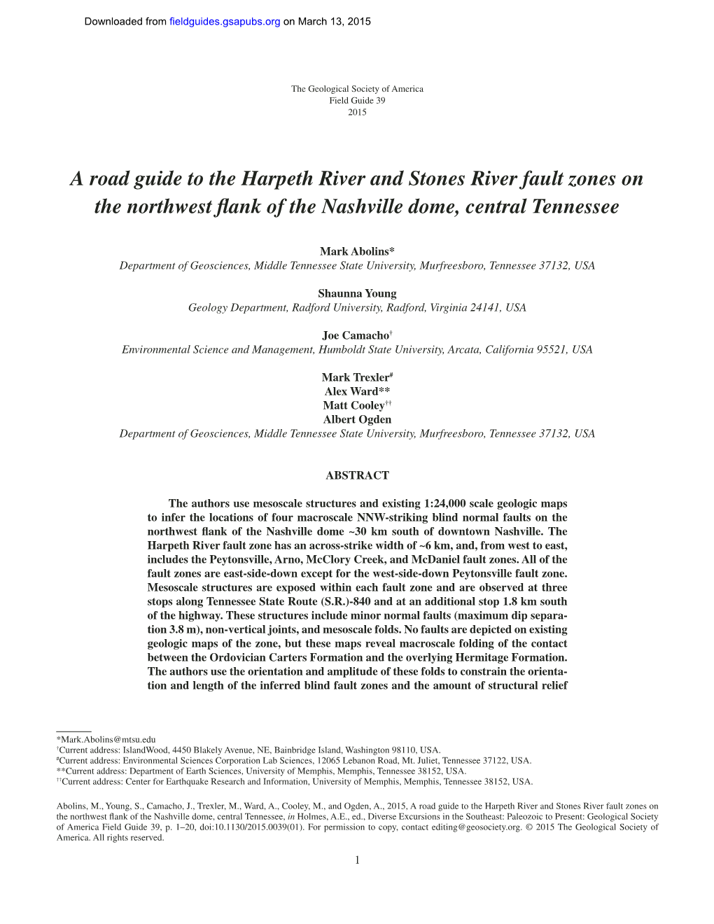 A Road Guide to the Harpeth River and Stones River Fault Zones on the Northwest ﬂ Ank of the Nashville Dome, Central Tennessee