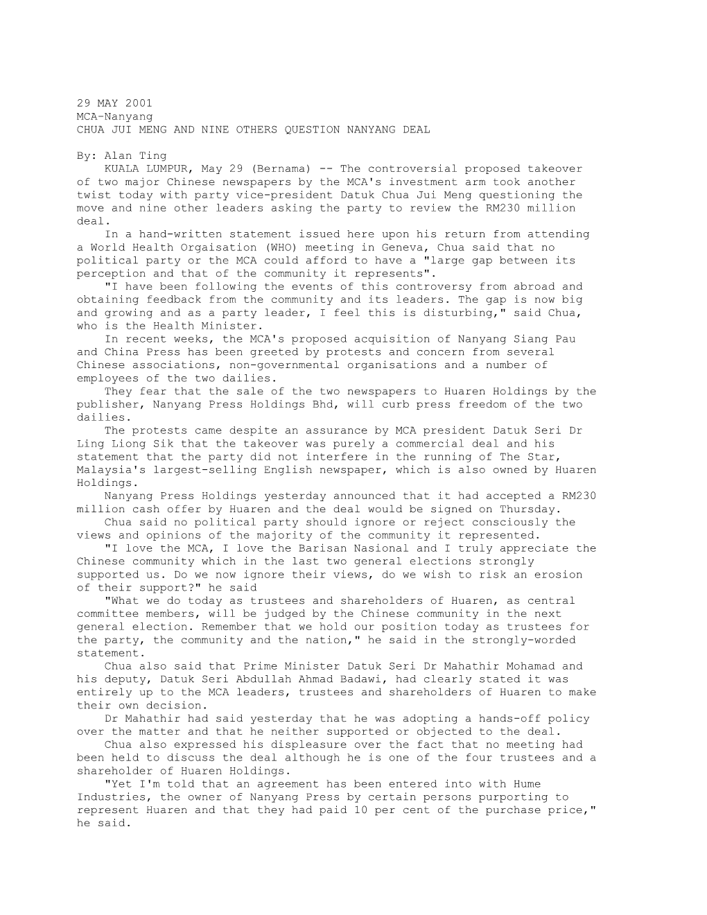 CHUA JUI MENG and NINE OTHERS QUESTION NANYANG DEAL (Bernama 29/05/2001)