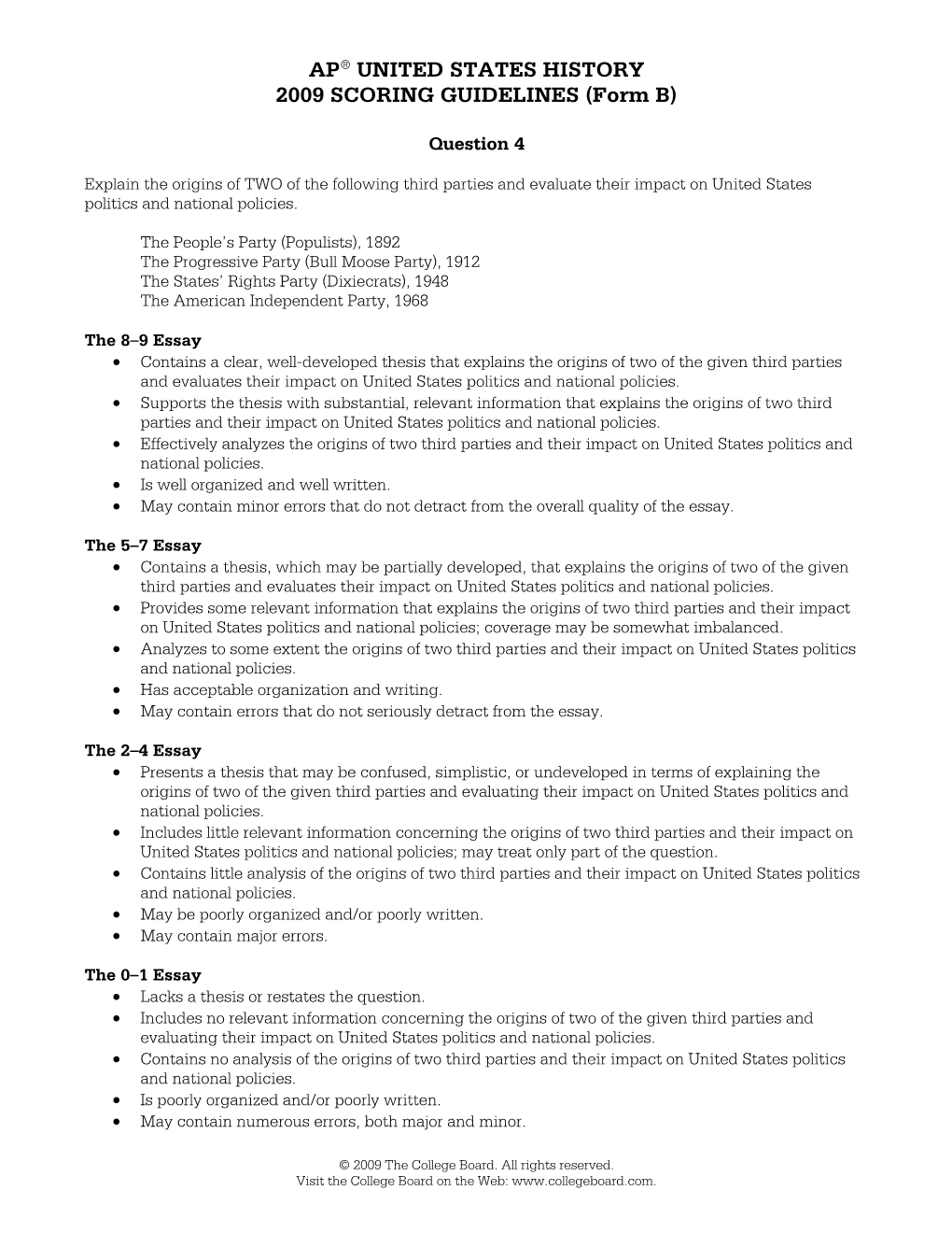 AP® UNITED STATES HISTORY 2009 SCORING GUIDELINES (Form B)