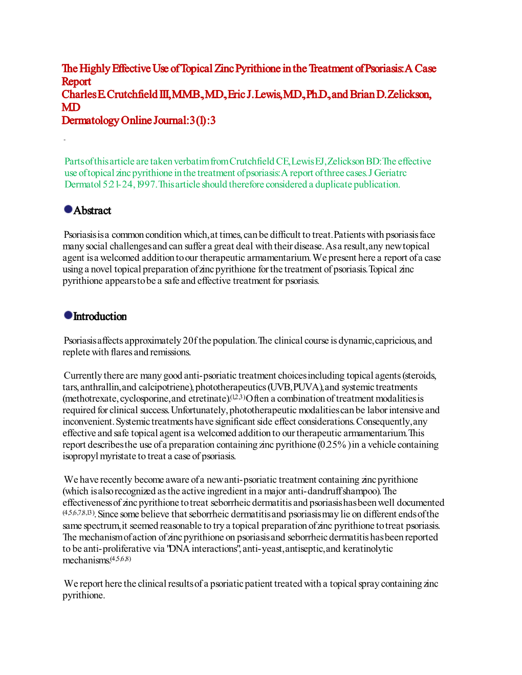 The Highly Effective Use of Topical Zinc Pyrithione in the Treatment of Psoriasis: a Case Report Charles E