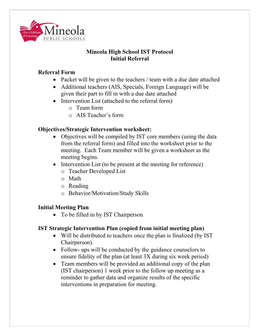 Mineola Middle School IST Forms and Protocol