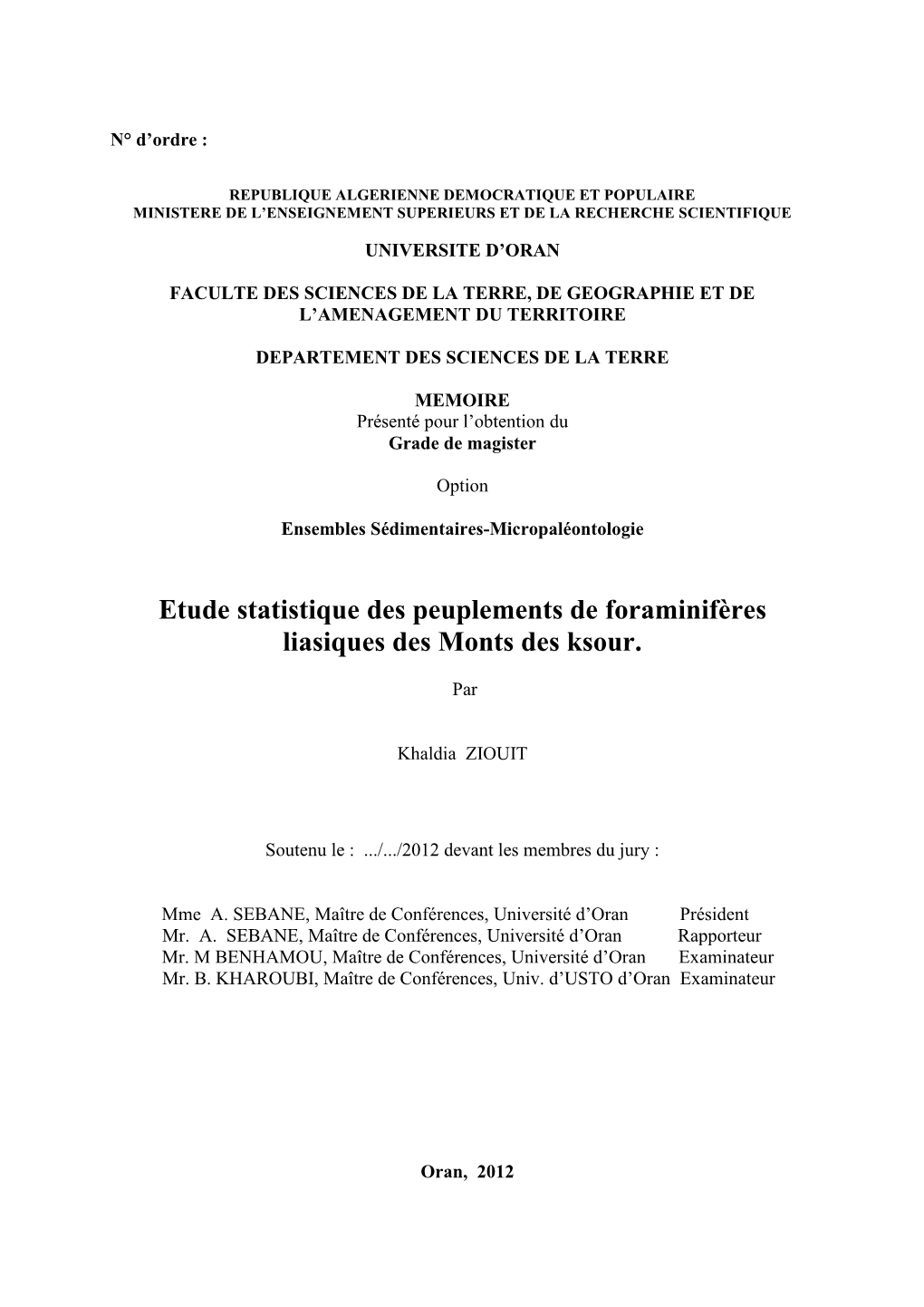 Etude Statistique Des Peuplements De Foraminifères Liasiques Des Monts Des Ksour