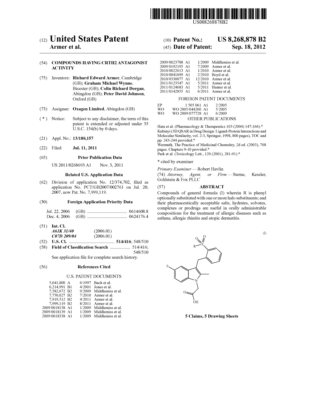 (12) United States Patent (10) Patent No.: US 8,268,878 B2 Armer Et Al