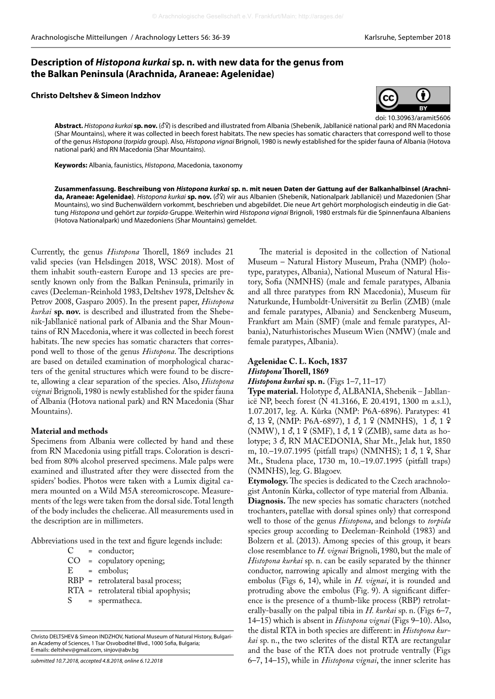 Description of Histopona Kurkai Sp. N. with New Data for the Genus from the Balkan Peninsula (Arachnida, Araneae: Agelenidae)