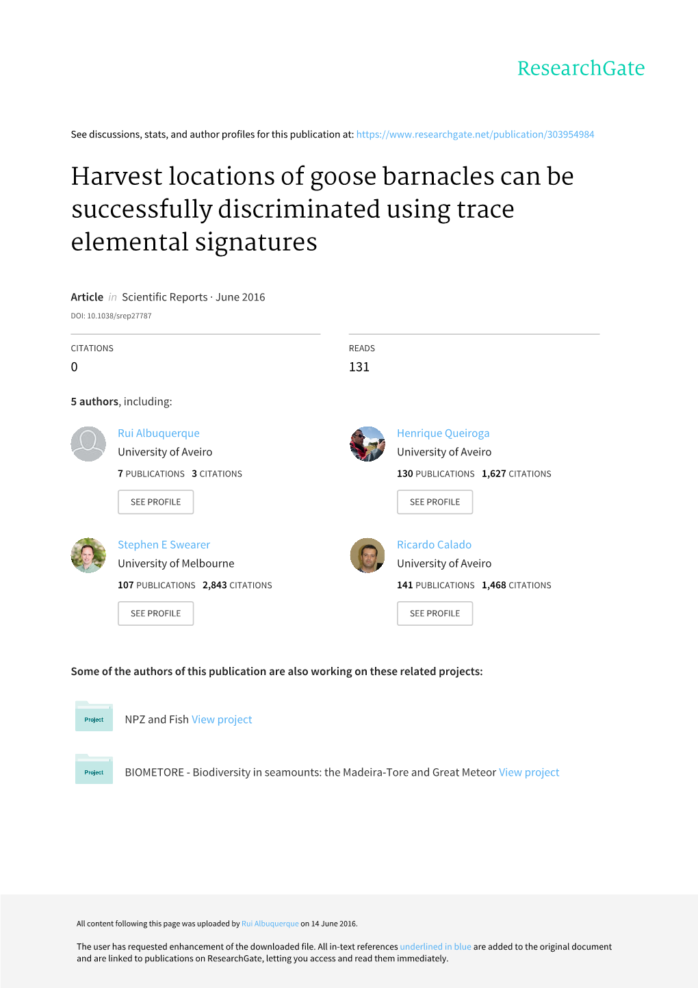Harvest Locations of Goose Barnacles Can Be Successfully Discriminated Using Trace Elemental Signatures