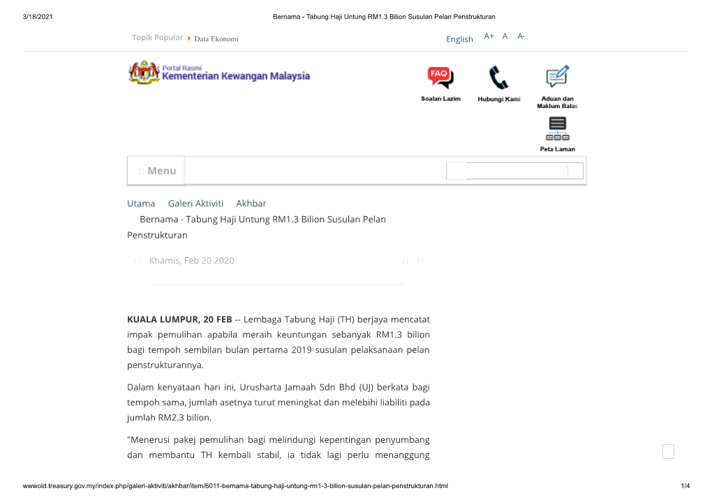 Utama Galeri Aktiviti Akhbar Bernama - Tabung Haji Untung RM1.3 Bilion Susulan Pelan Penstrukturan