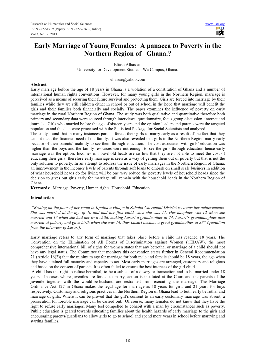 Early Marriage of Young Females: a Panacea to Poverty in the Northern Region of Ghana.?