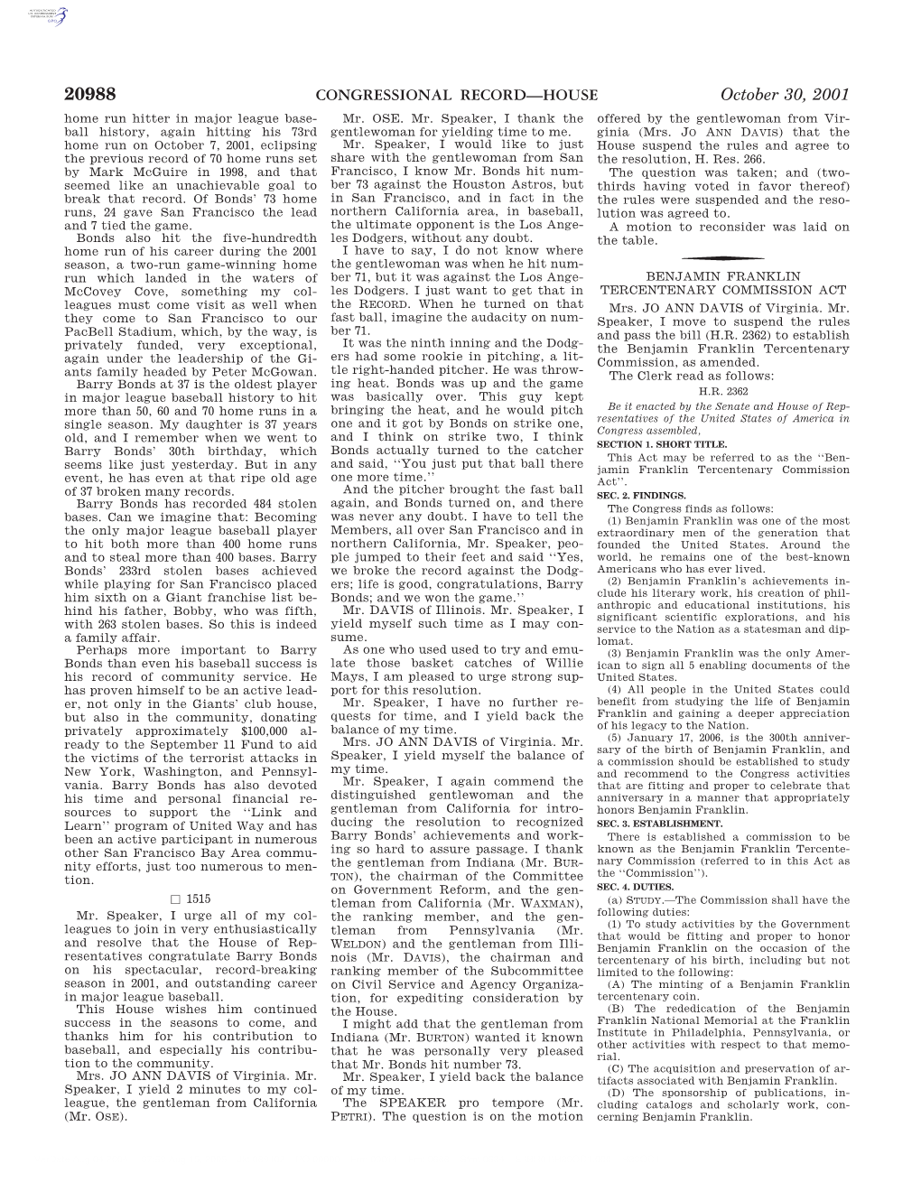 CONGRESSIONAL RECORD—HOUSE October 30, 2001 Home Run Hitter in Major League Base- Mr