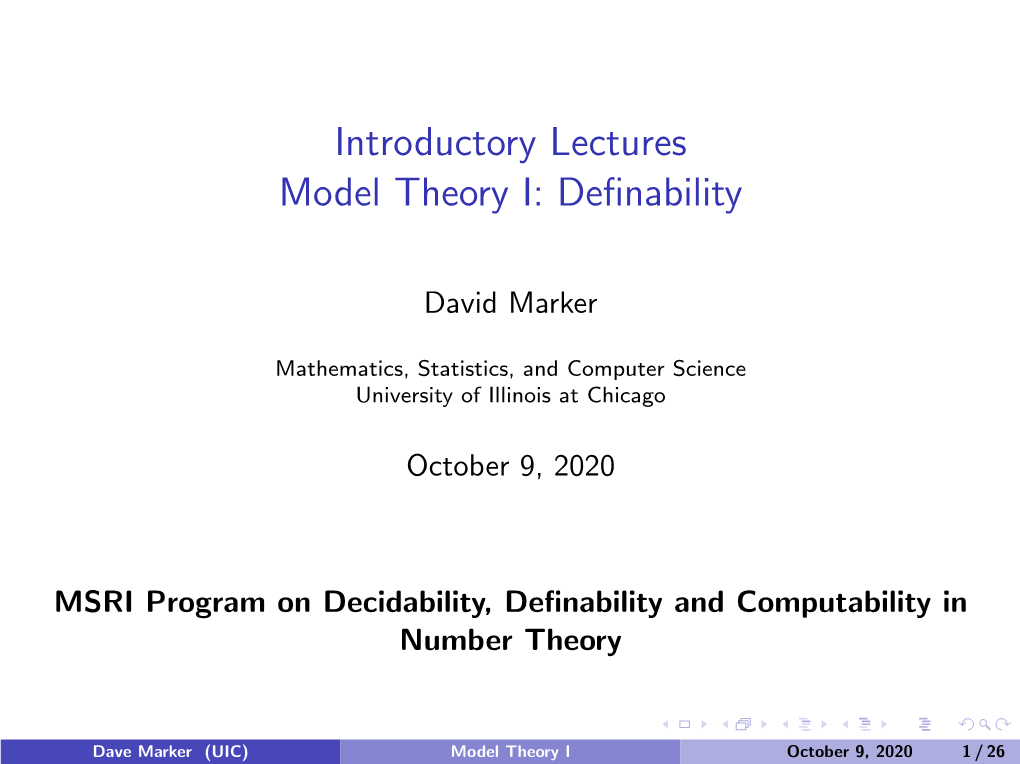 Introductory Lectures Model Theory I: Definability