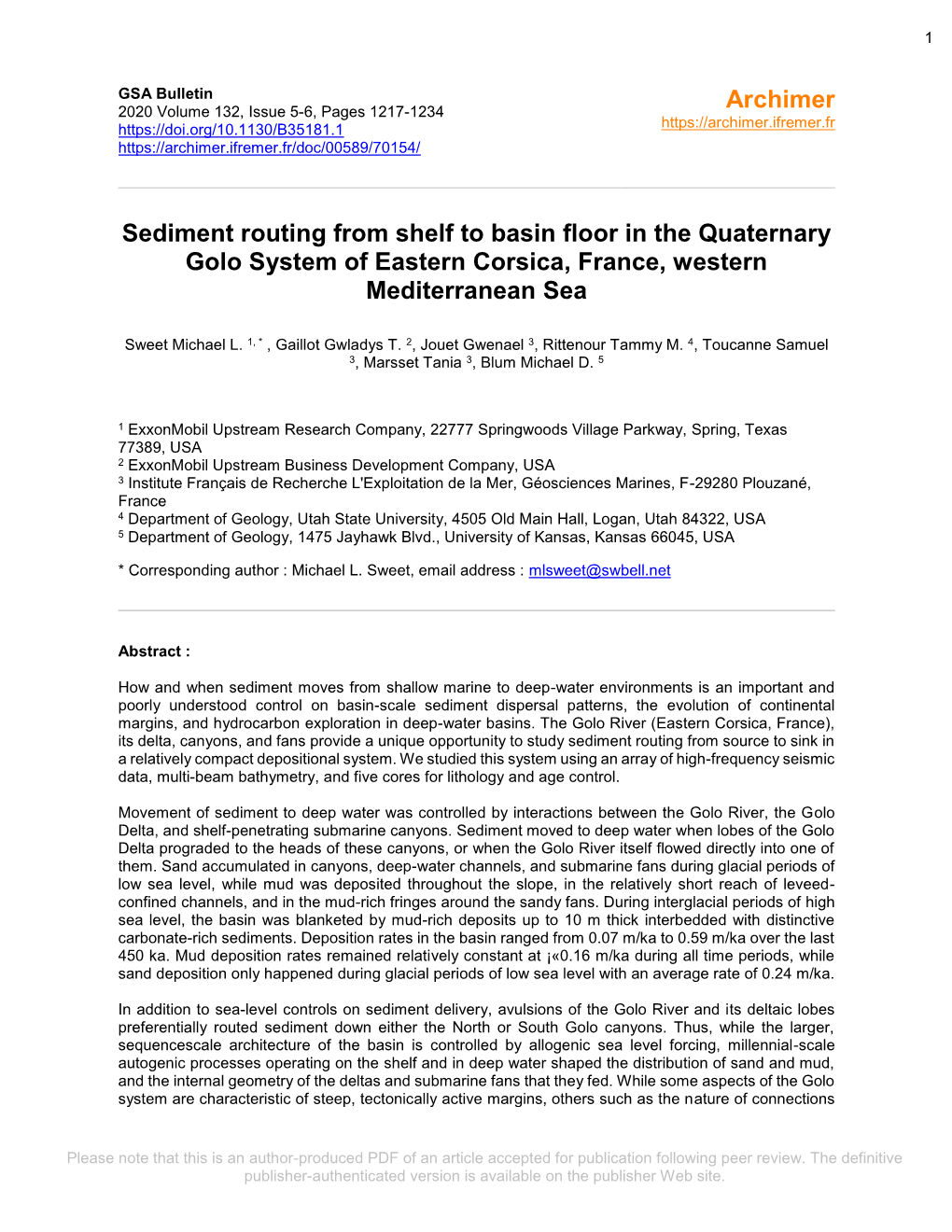 Sediment Routing from Shelf to Basin Floor in the Quaternary Golo System of Eastern Corsica, France, Western Mediterranean Sea